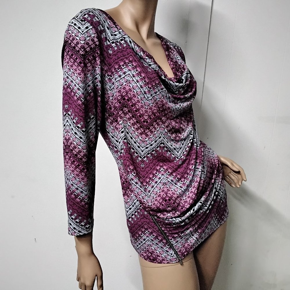 Cato Tunic Blouse Purple Lilac Size L Cascade Style Zip Accent Stretch Long 007